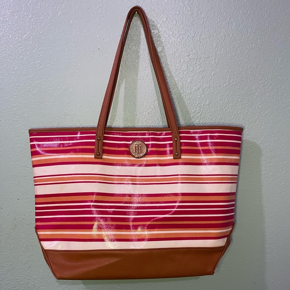 Tommy Hilfiger Pink and Cream Striped Tote